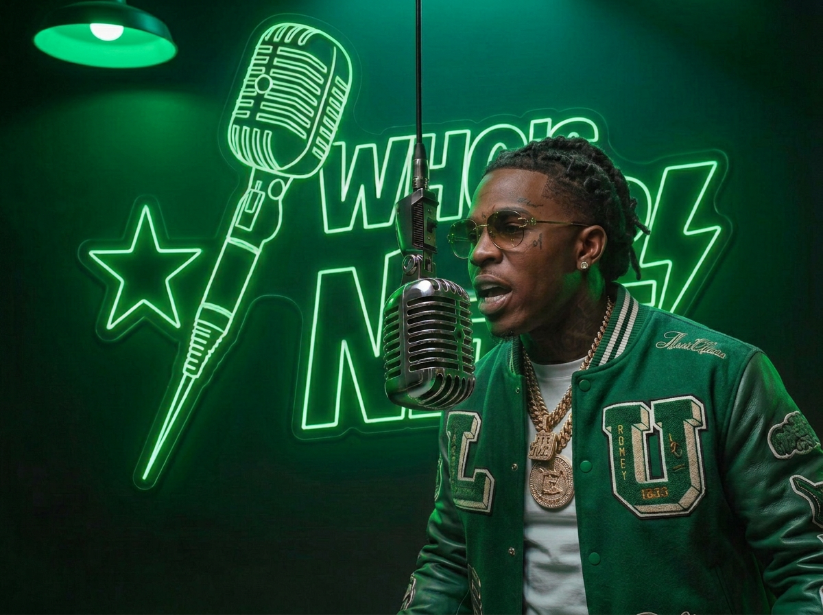 Rapper Trell Domino performing in front of the neon Who's Up Next sign